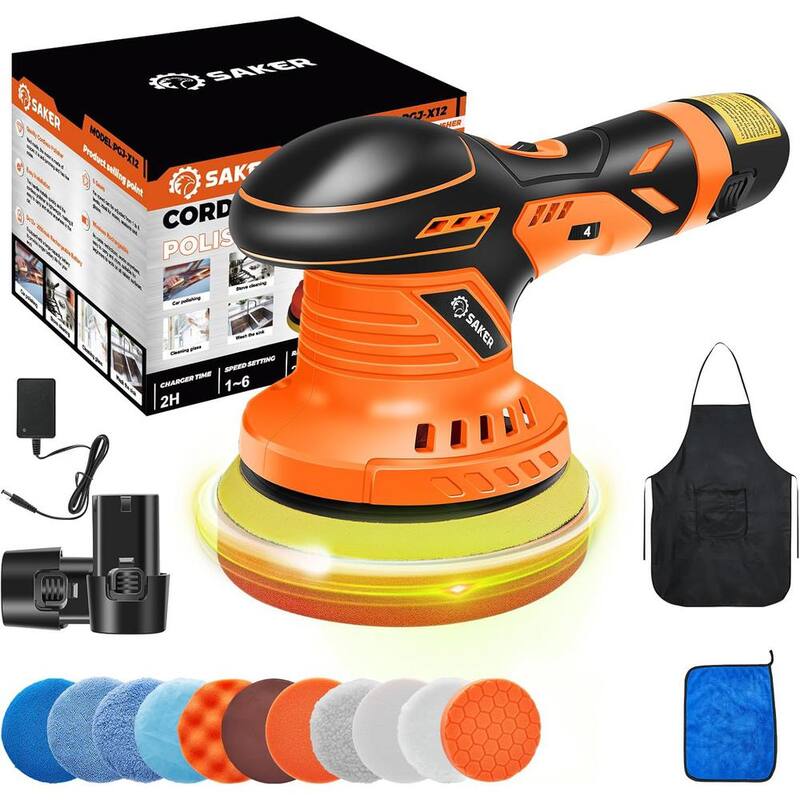 Pulidora inalámbrica Saker, 6 pulgadas. Kit portátil de pulido para automóviles de carga rápida (naranja, 2 baterías) - GJ62117-X49669