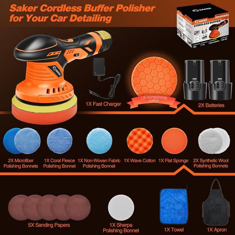 Pulidora inalámbrica Saker, 6 pulgadas. Kit portátil de pulido para automóviles de carga rápida (naranja, 2 baterías) - GJ62117-X49669