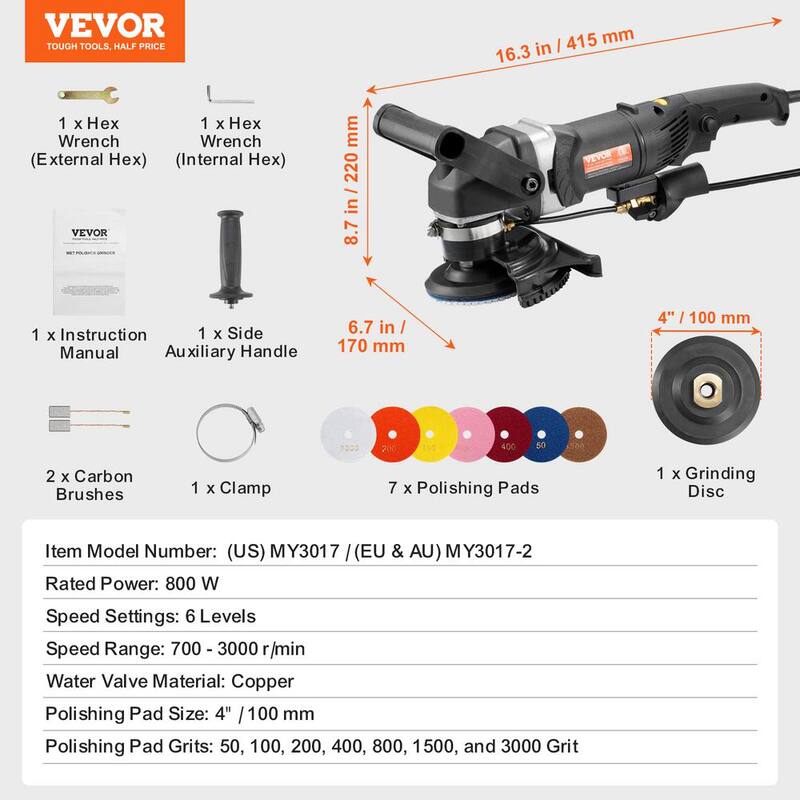 Pulidora húmeda de 10 amperes, 700-3000 RPM 800 vatios, 4 pulgadas. Amoladora de concreto de velocidad variable y kit de pulido de 7 piezas, Amoladora húmeda con cable - DDSSPGJTZYPJQ91Y0V1