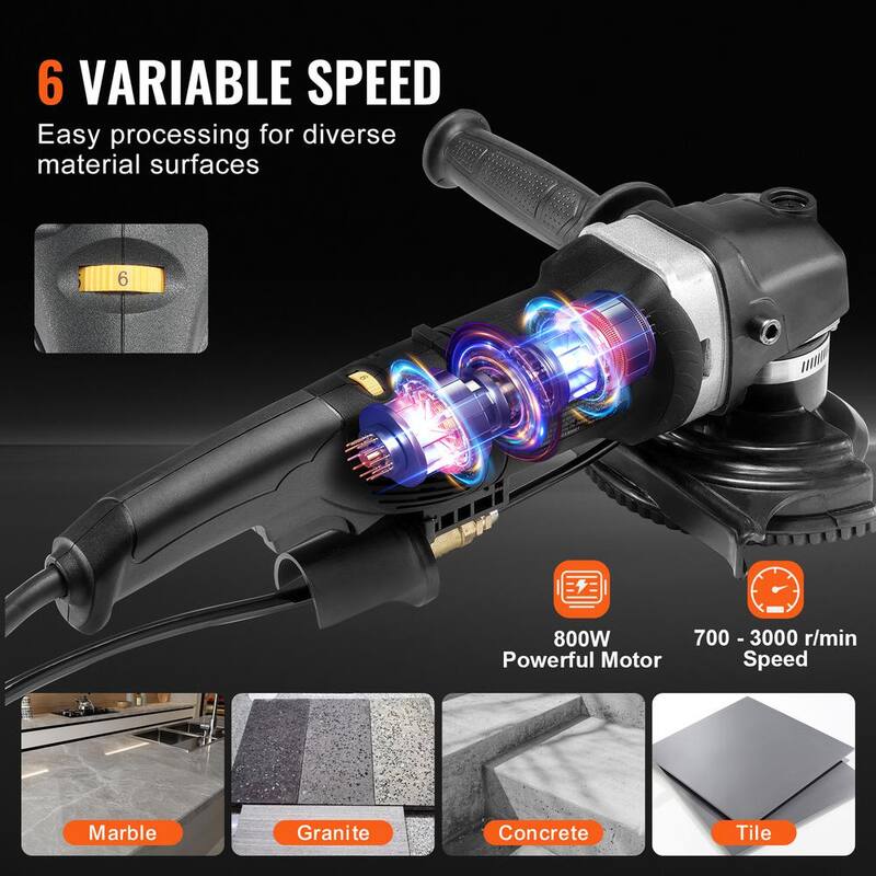 Pulidora húmeda de 10 amperes, 700-3000 RPM 800 vatios, 4 pulgadas. Amoladora de concreto de velocidad variable y kit de pulido de 7 piezas, Amoladora húmeda con cable - DDSSPGJTZYPJQ91Y0V1