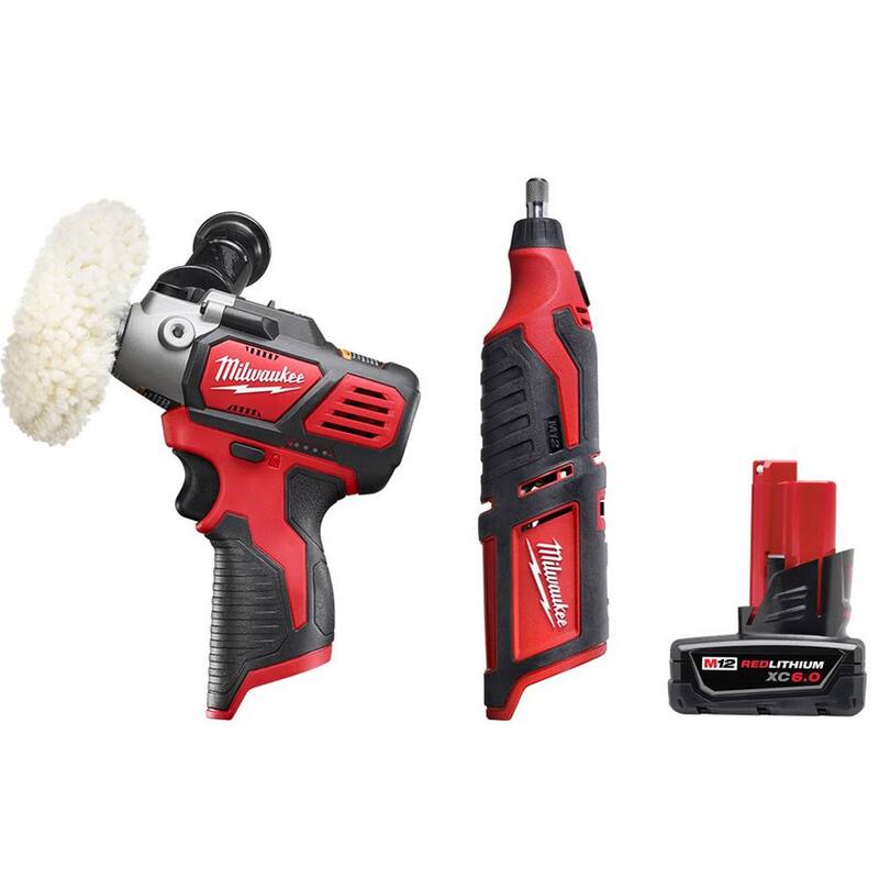 Pulidora/Lijadora inalámbrica Milwaukee M12 de 12V de Iones de Litio con Velocidad Variable, Herramienta Rotativa M12 y Paquete de Batería XC de 6.0 Ah - 2438-20-2460-20-48-11-2460