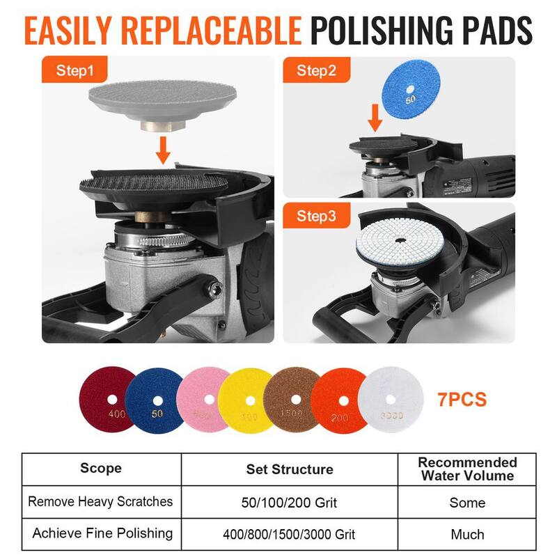 Pulidora húmeda VEVOR 1000 - 4000 RPM de 800 vatios, amoladora de concreto de 4 pulgadas con 6 velocidades variables y 7 kits de pulido, Amoladora húmeda - DDSSPGJTZYPJHPVHMV1