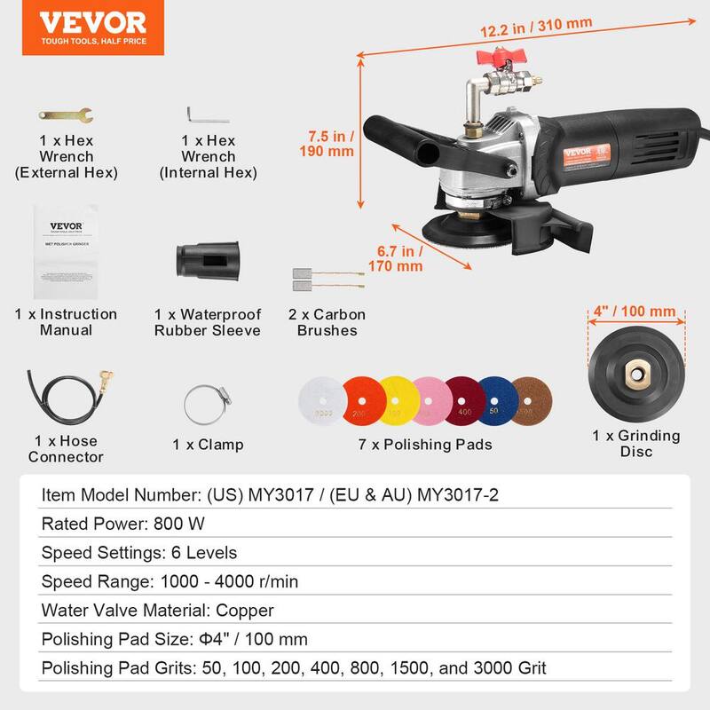 Pulidora húmeda VEVOR 1000 - 4000 RPM de 800 vatios, amoladora de concreto de 4 pulgadas con 6 velocidades variables y 7 kits de pulido, Amoladora húmeda - DDSSPGJTZYPJHPVHMV1