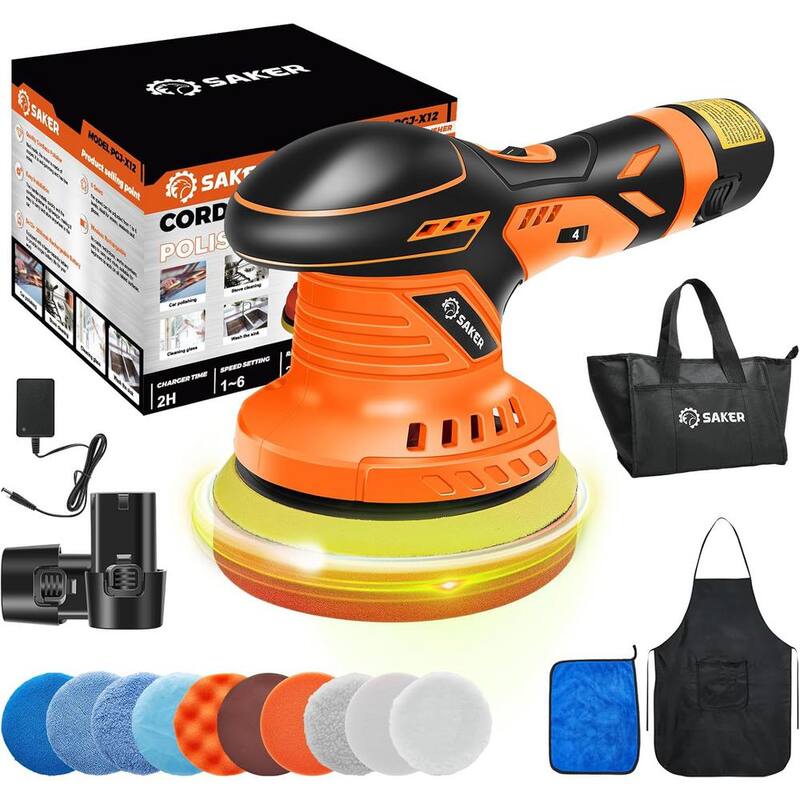 Pulidora inalámbrica Saker, de 6 pulgadas. Kit portátil de pulido de autos de carga rápida (naranja, 2 baterías con organizador) - GJ62117-X48448