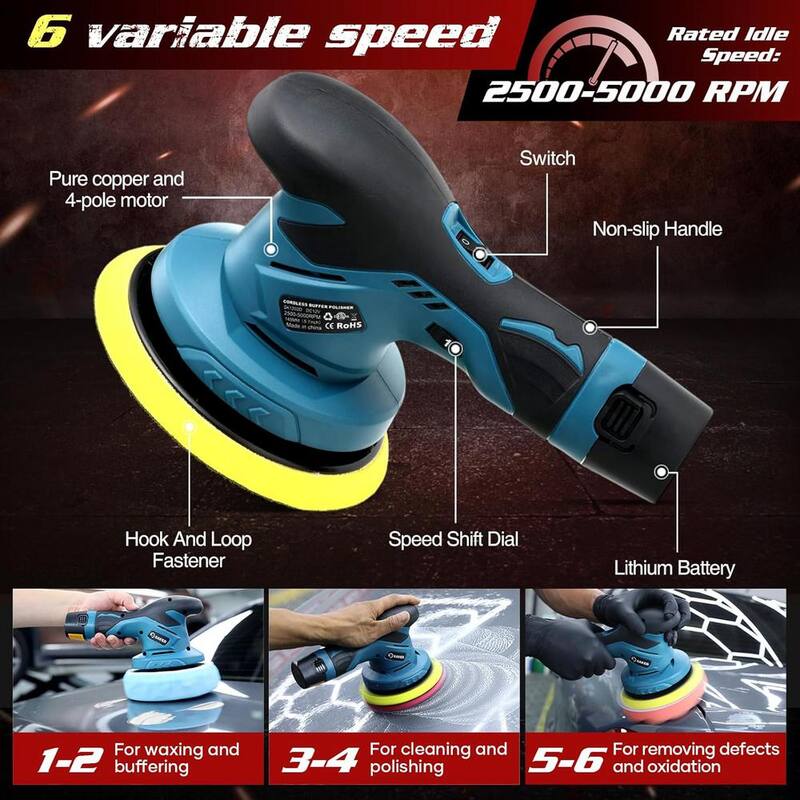 Pulidor de auto inalámbrico Saker - 6 pulgadas. Kit portátil de máquina pulidora enceradora para detallado de autos (3 baterías) - GJ34456-X31192