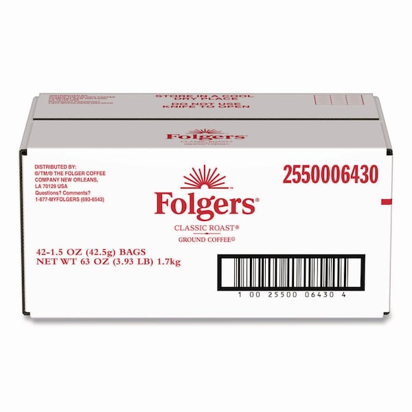 Folgers Coffee, Classic Roast, Fraction Pack, Caffeinated, Ground, 4.62 lb, 42 PK - 2550006430