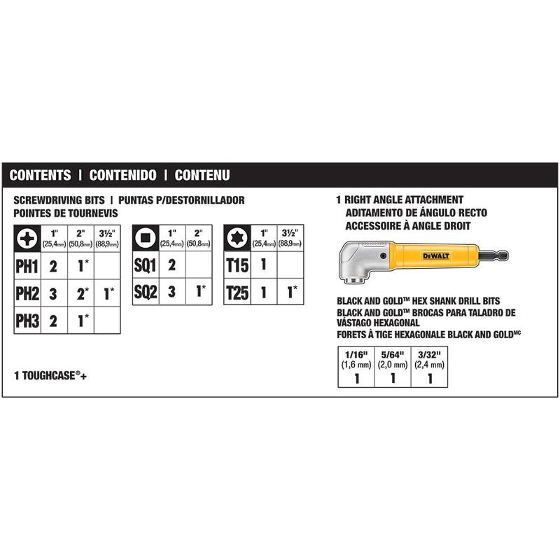Set de brocas y puntas de taladro de acero ultra DEWALT MAXFIT con accesorio de ángulo recto (25 piezas) - DWAF25SETRA