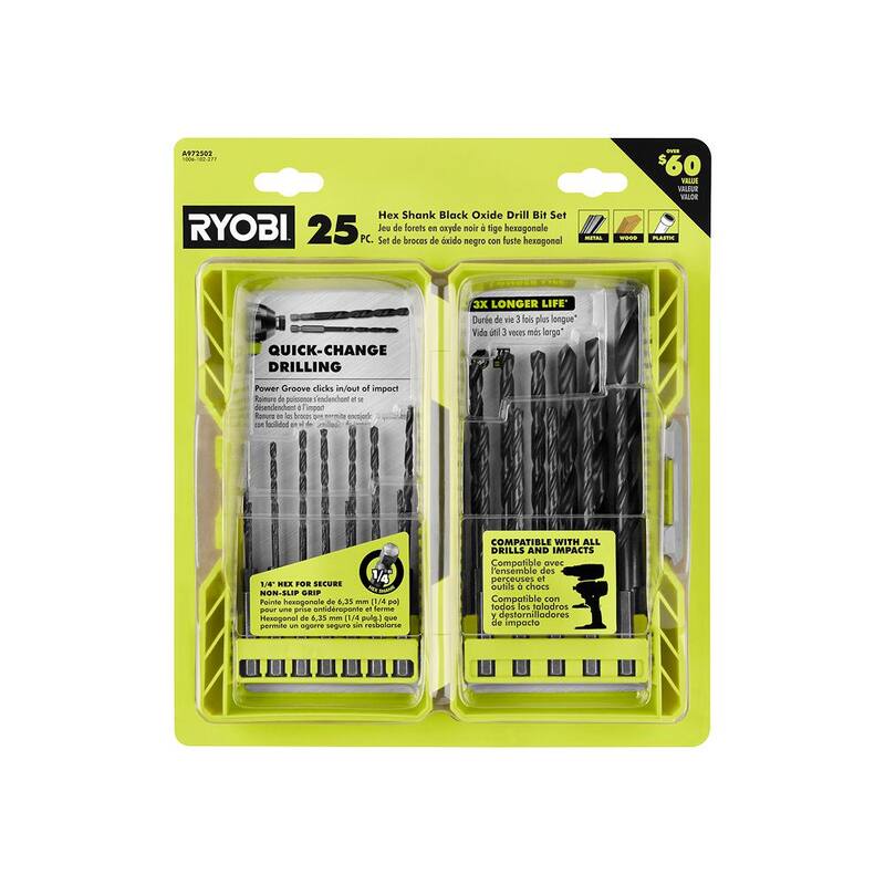 Set de brocas para taladro RYOBI de vástago hexagonal con recubrimiento negro de óxido (25 piezas) - A972502
