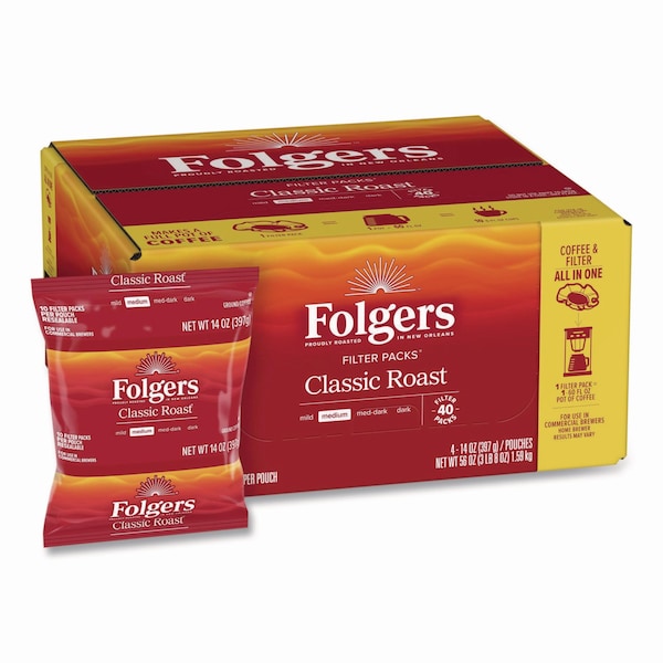 Folgers Coffee, Classic Roast, Filter Pack, Caffeinated, Ground, 4.8 lb, 40 PK - 2550010117