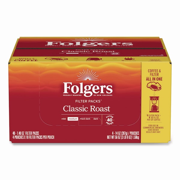 Folgers Coffee, Classic Roast, Filter Pack, Caffeinated, Ground, 4.8 lb, 40 PK - 2550010117