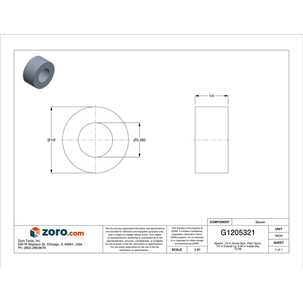 Zoro Select Spacer, 1/4 in Screw Size, Plain Nylon, 1/4 in Overall Lg, 0.26 in Inside Dia, 10 PK - 13SP217