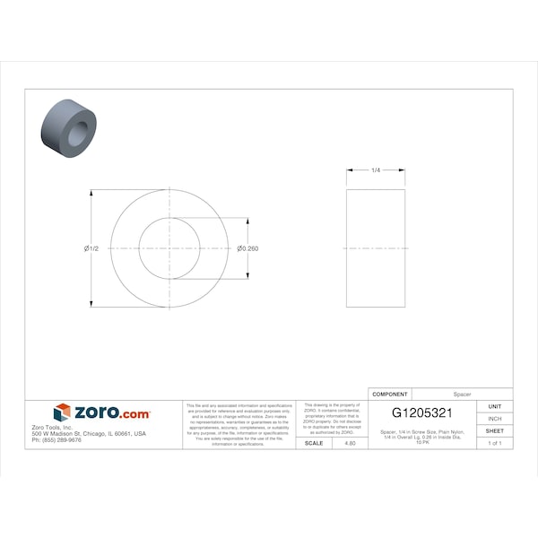Zoro Select Spacer, 1/4 in Screw Size, Plain Nylon, 1/4 in Overall Lg, 0.26 in Inside Dia, 10 PK - 13SP217
