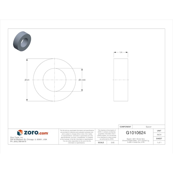 Zoro Select Spacer, 3/8 in Screw Size, Chrome Plated Steel, 1/4 in Overall Lg, 0.406 in Inside Dia, 5 PK - MPB514