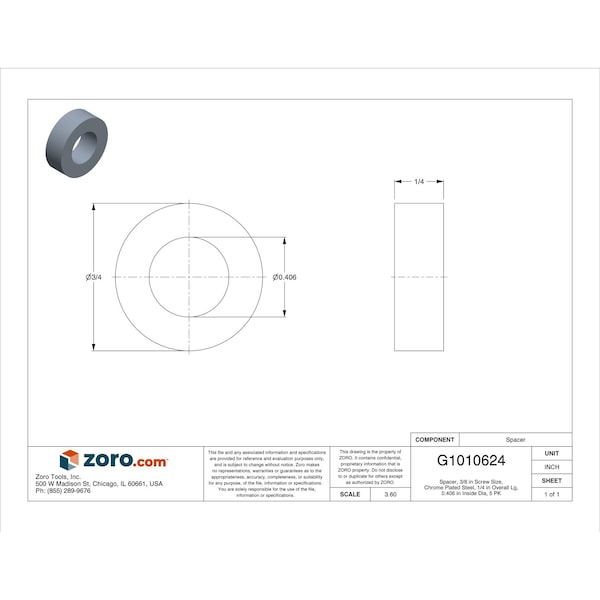 Zoro Select Spacer, 3/8 in Screw Size, Chrome Plated Steel, 1/4 in Overall Lg, 0.406 in Inside Dia, 5 PK - MPB514