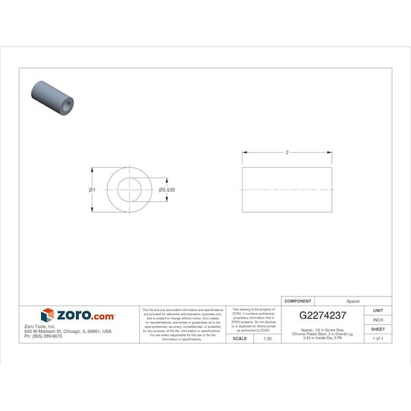 Zoro Select Spacer, 1/2 in Screw Size, Chrome Plated Steel, 2 in Overall Lg, 0.53 in Inside Dia, 5 PK - MPB1381