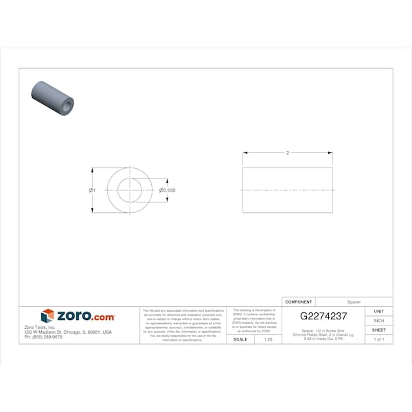 Zoro Select Spacer, 1/2 in Screw Size, Chrome Plated Steel, 2 in Overall Lg, 0.53 in Inside Dia, 5 PK - MPB1381