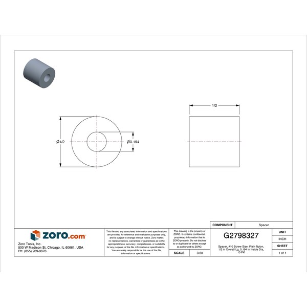 Zoro Select Spacer, No. 10 Screw Size, Plain Nylon, 1/2 in Overall Lg, 0.194 in Inside Dia, 10 PK - 13SP235