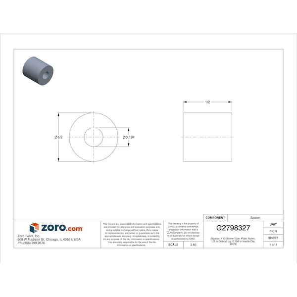 Zoro Select Spacer, No. 10 Screw Size, Plain Nylon, 1/2 in Overall Lg, 0.194 in Inside Dia, 10 PK - 13SP235