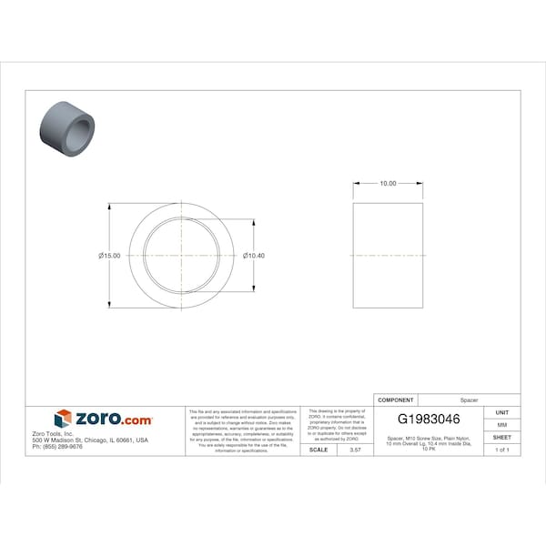 Zoro Select Spacer, M10 Screw Size, Plain Nylon, 10 mm Overall Lg, 10.4 mm Inside Dia, 10 PK - 13ME103