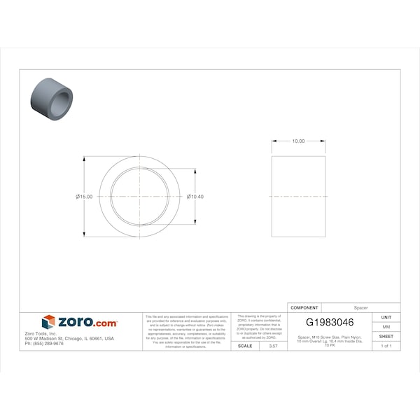 Zoro Select Spacer, M10 Screw Size, Plain Nylon, 10 mm Overall Lg, 10.4 mm Inside Dia, 10 PK - 13ME103