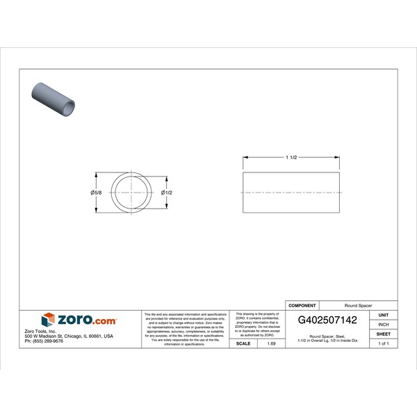 Midwest Fastener Round Spacer, Steel, 1-1/2 in Overall Lg, 1/2 in Inside Dia, 4 PK - 31947
