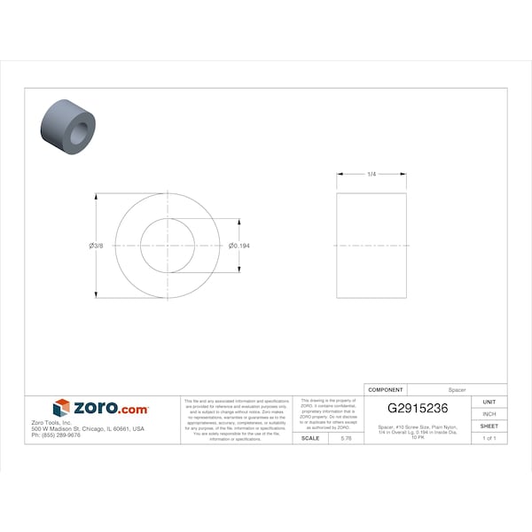 Zoro Select Spacer, No. 10 Screw Size, Plain Nylon, 1/4 in Overall Lg, 0.194 in Inside Dia, 10 PK - 13SP166