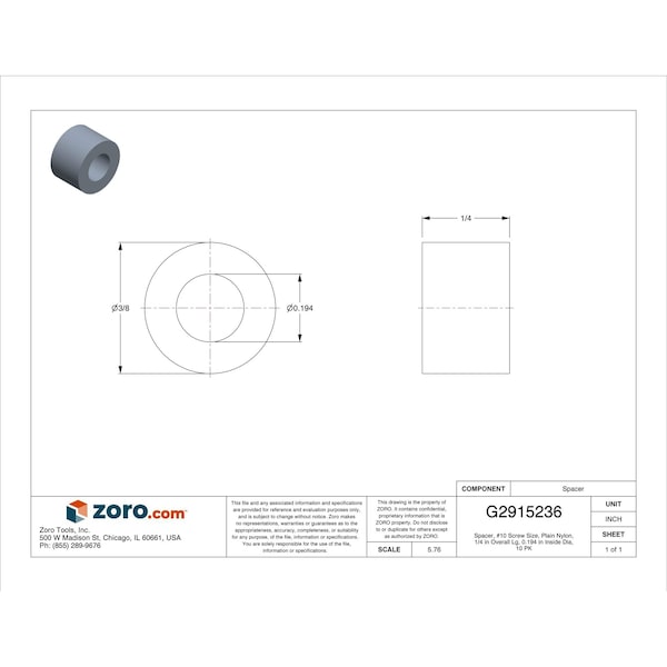 Zoro Select Spacer, No. 10 Screw Size, Plain Nylon, 1/4 in Overall Lg, 0.194 in Inside Dia, 10 PK - 13SP166