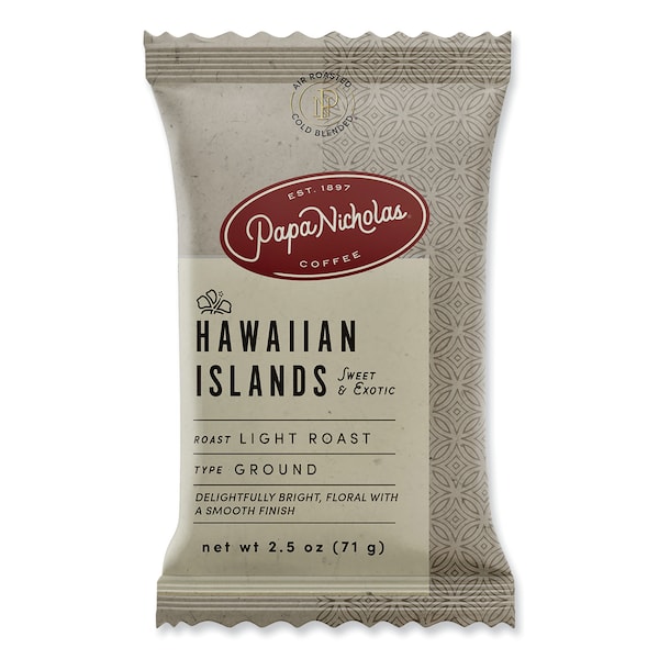Papanicholas Coffee Coffee, Hawaiian Island, 2.5 oz., PK18, Hawaiian Islands Blend, Fraction Pack, Regular, Coffee - 25181