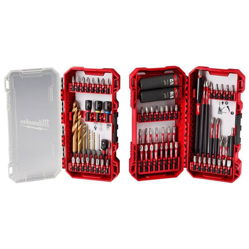 Juego de brocas, puntas y accesorios Milwaukee SHOCKWAVE Impact Duty de acero aleado con estuche PACKOUT (75 piezas) - 48-32-4098.