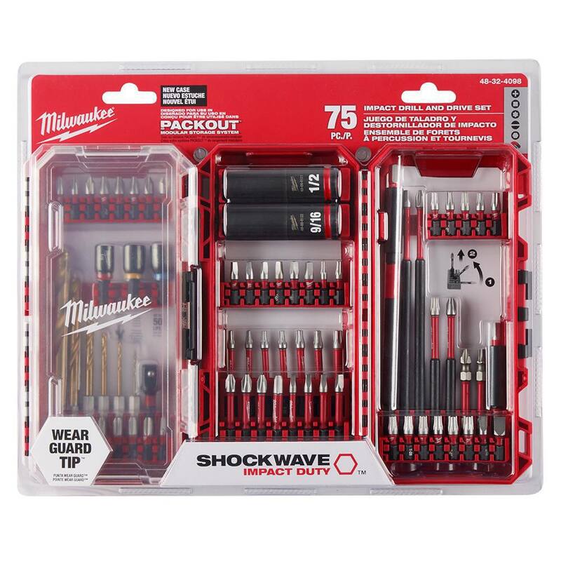 Juego de brocas, puntas y accesorios Milwaukee SHOCKWAVE Impact Duty de acero aleado con estuche PACKOUT (75 piezas) - 48-32-4098.