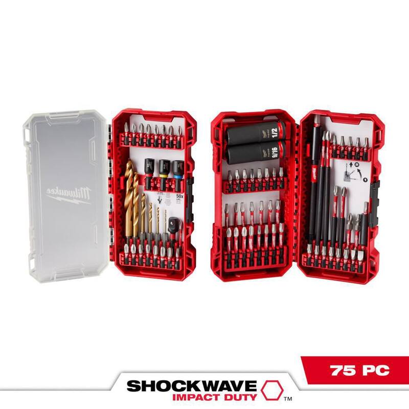 Juego de brocas, puntas y accesorios Milwaukee SHOCKWAVE Impact Duty de acero aleado con estuche PACKOUT (75 piezas) - 48-32-4098.