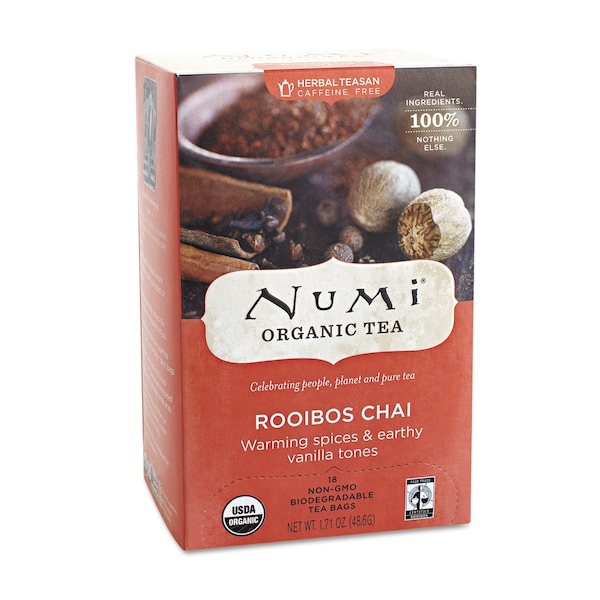 Numi Organic Teas and Teasans, 1.71oz, PK18, Rooibos Chai, Filterbag, Caffeine-free, Tea, 1.71 oz, 18 PK - 10200