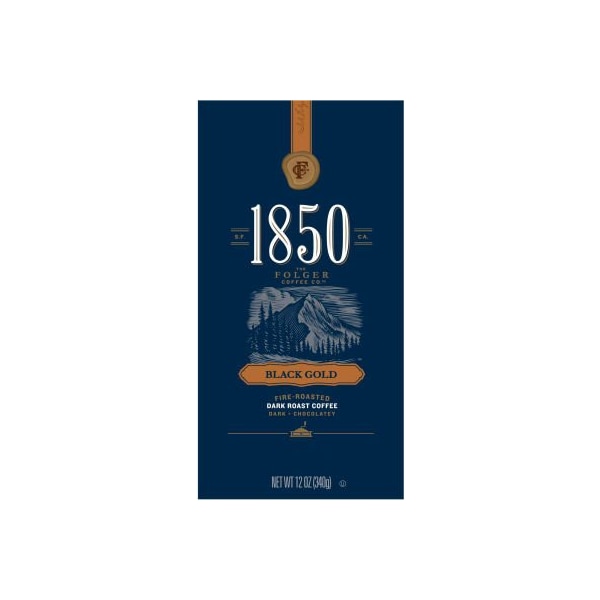 Folgers 1850 Coffee, Black Gold, Dark Roast, Ground, 12 oz Bag, 6/Carton - 2550060516