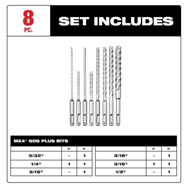 Juego de brocas de carburo Milwaukee MX4 SDS-Plus (8 piezas) - 48-20-7663