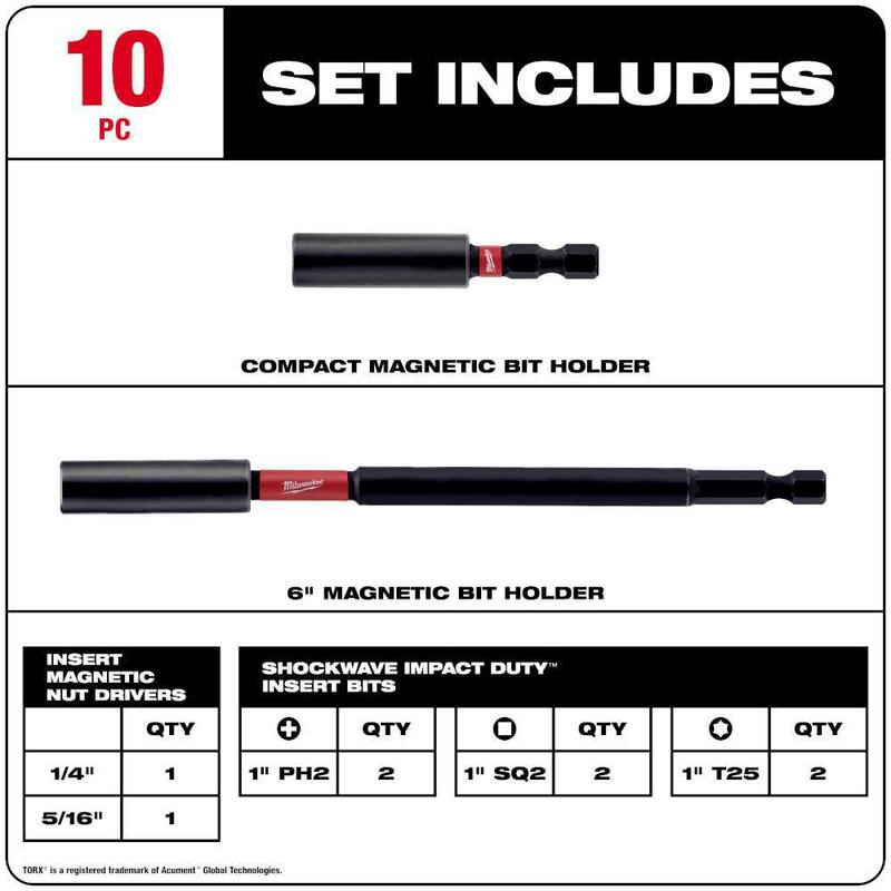 Juego de puntas de destornillador de aleación de acero Milwaukee SHOCKWAVE Impact Duty (10 piezas) - 48-32-4513