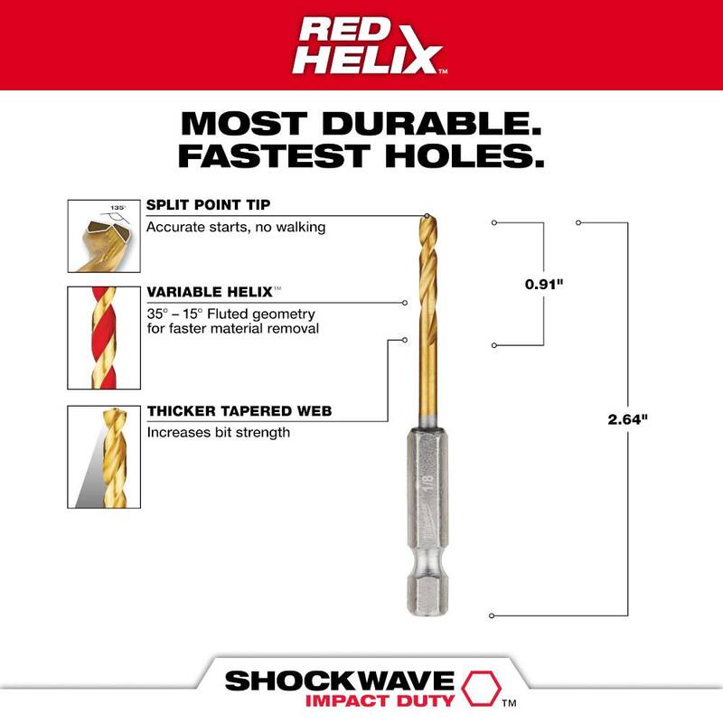 Broca helicoidal de titanio de 1/8 de pulgada Milwaukee SHOCKWAVE (paquete de 2) - 48-89-4605