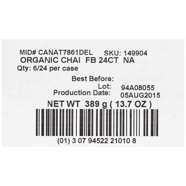 Tazo Tazo Organic Chai Tea Bag, PK144 - 00794522210107