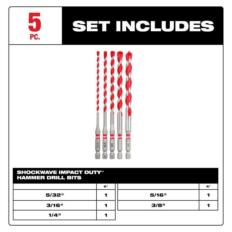 Set de brocas para taladro Milwaukee SHOCKWAVE de carburo (paquete de 5) - 48-20-9051