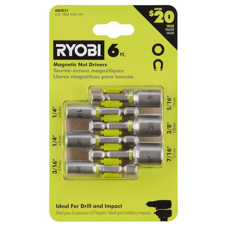 Juego de puntas de tuercas de acero magnético para destornillador de impacto RYOBI (6 piezas) - AR2031