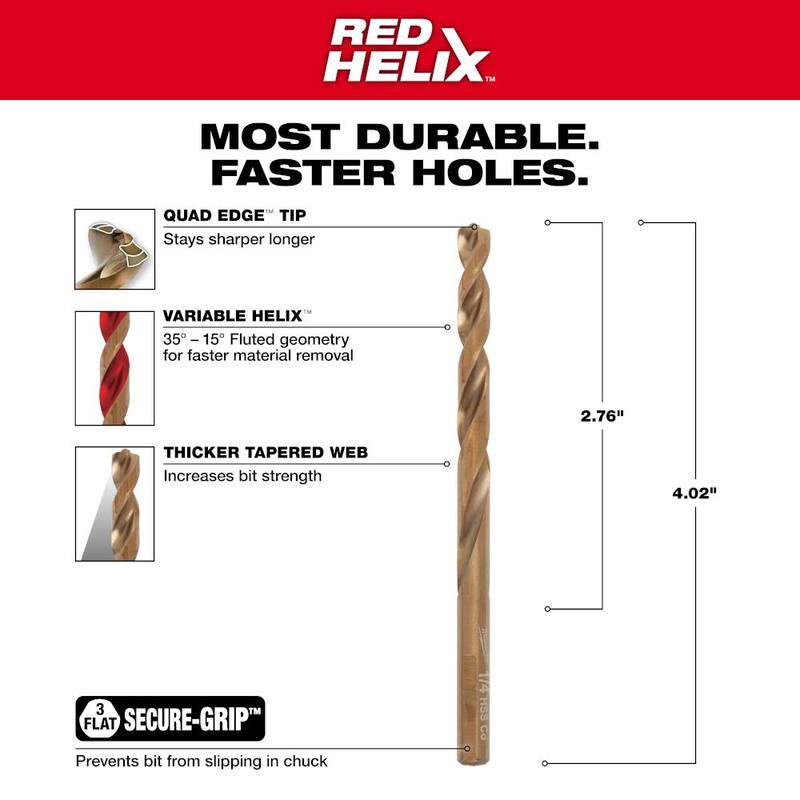 Broca helicoidal de cobalto rojo de 1/4 de pulgada de Milwaukee - 48-89-2313