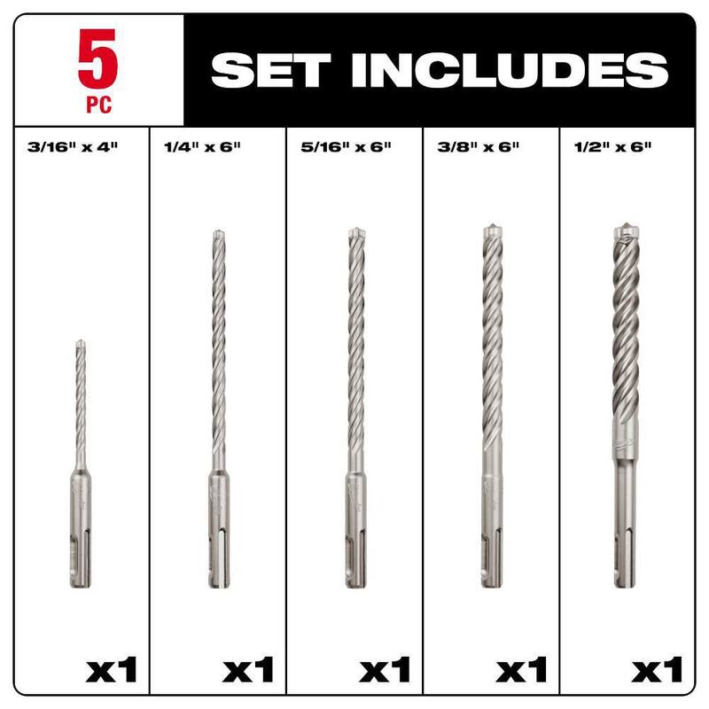 Juego de brocas para martillo combinado de carburo de tungsteno de 4 cortes Milwaukee SDS-PLUS (5 piezas) - 48-20-7498