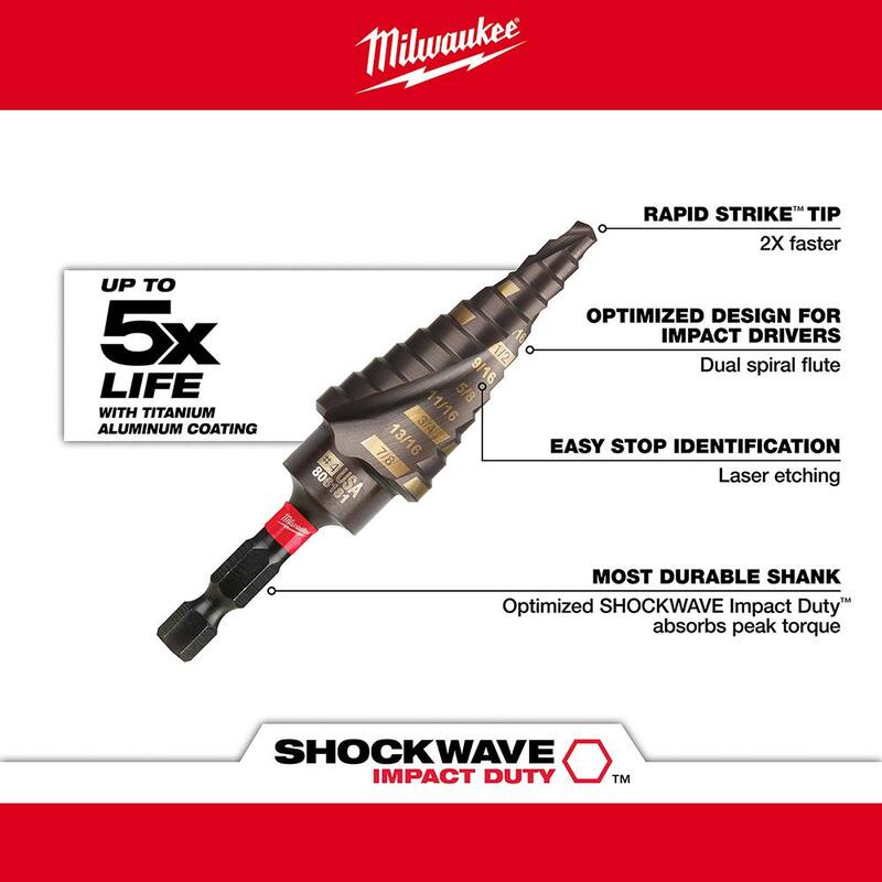 Broca escalonada de titanio con clasificación de impacto de 3/16 a 7/8 pulgadas Milwaukee SHOCKWAVE (12 pasos) - 48-89-9244