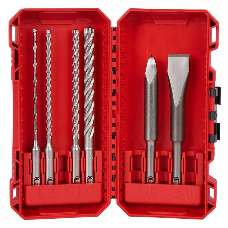Broca de carburo SDS-Plus de 4 cortes Milwaukee con cincel plano y cincel puntiagudo (6 piezas) - 48-20-7662