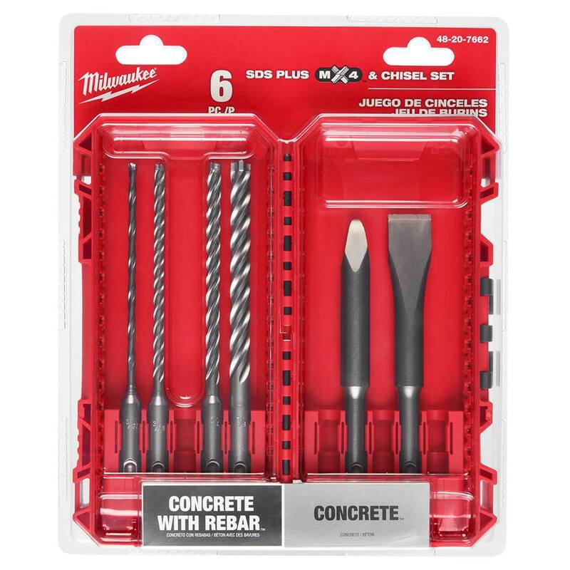Broca de carburo SDS-Plus de 4 cortes Milwaukee con cincel plano y cincel puntiagudo (6 piezas) - 48-20-7662