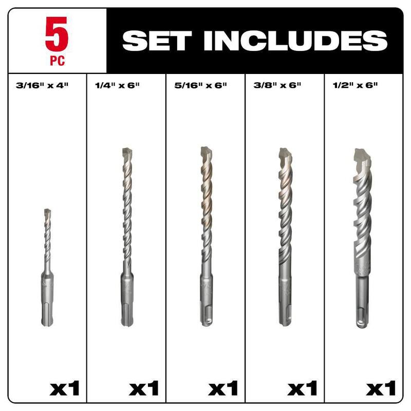 Juego de brocas de taladro martillo de carburo SDS-PLUS de 2 cortadores de Milwaukee (5 piezas) - 48-20-7490