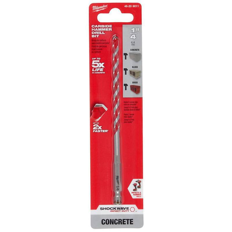 Broca de carburo SHOCKWAVE de Milwaukee de 1/4 pulg. x 4 pulg. x 6 pulg. para taladrar concreto, piedra y mampostería - 48-20-9011