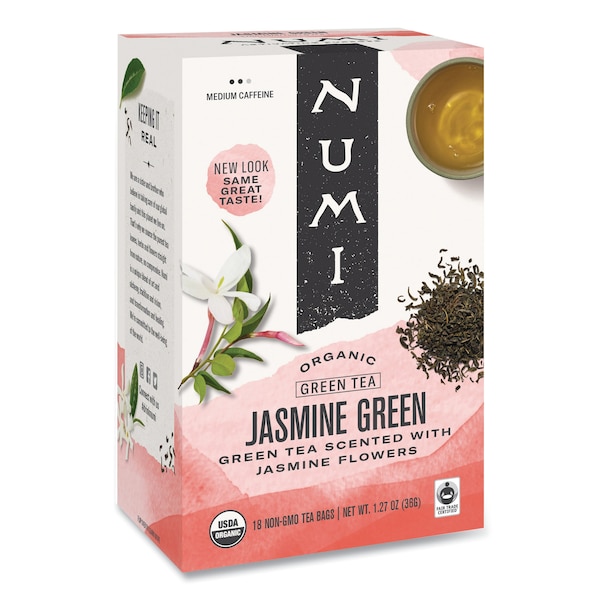 Numi Organic Teas, 1.27oz., Jasmine Green, PK18, Jasmine Green, Bag, Medium, 1.27 oz, 18 PK - 10108