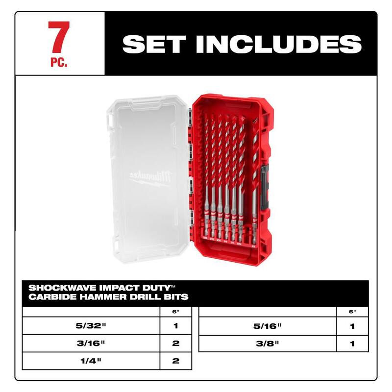 Kit de brocas para taladro de martillo de carburo Shockwave de Milwaukee (7 piezas) - 48-20-9052