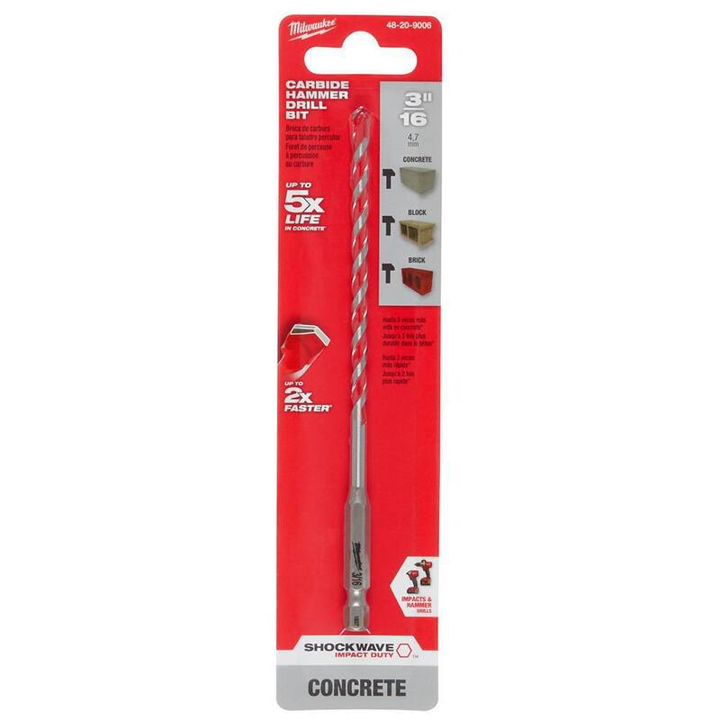 Broca para martillo con punta de carburo SHOCKWAVE de Milwaukee de 3/16 de pulgada por 4 pulgadas por 6 pulgadas para concreto, piedra, perforación de albañilería - 48-20-9006