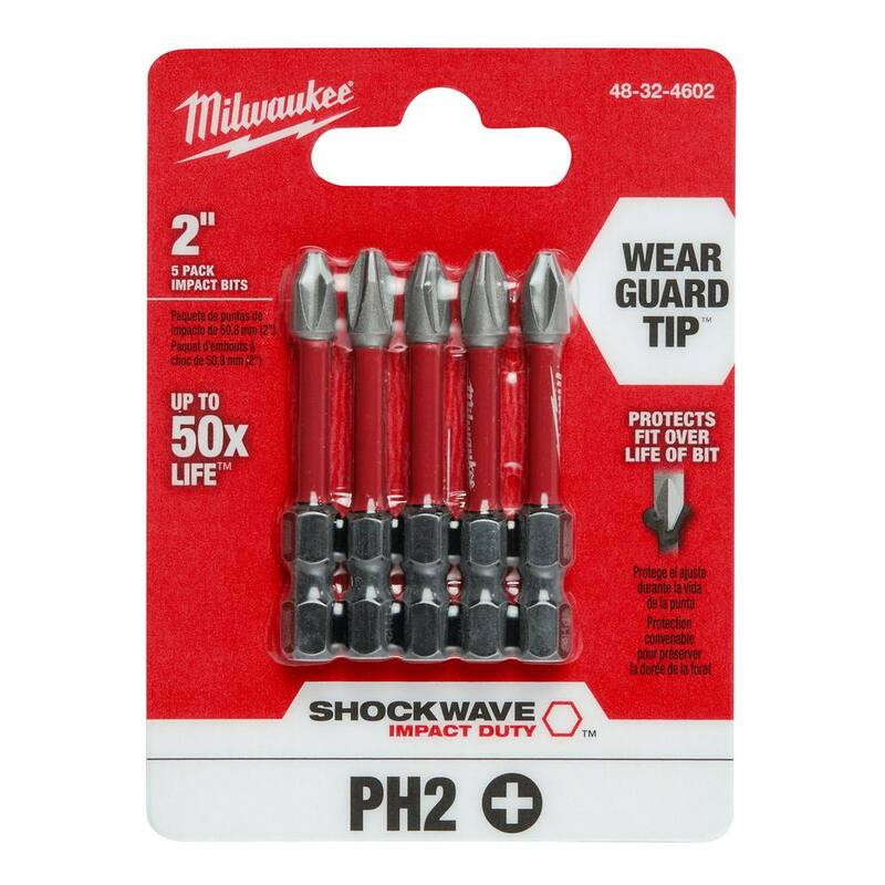 Broca destornilladora de aleación de acero Phillips #2 de 2 pulgadas Milwaukee SHOCKWAVE Impact Duty (paquete de 5) - 48-32-4602
